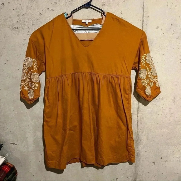 Madewell Linen Blend Embroidered Sleeve Dress Oversized Golden Sun Orange Fall M - Picture 1 of 11